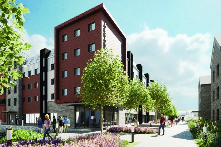 Artist's impression of a new block of flats and surrounding paths and trees